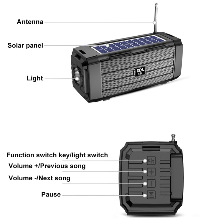 BDL-187 LED Light Solar Wireless Bluetooth Speaker Portable Outdoor Camping FM Radio(Black)