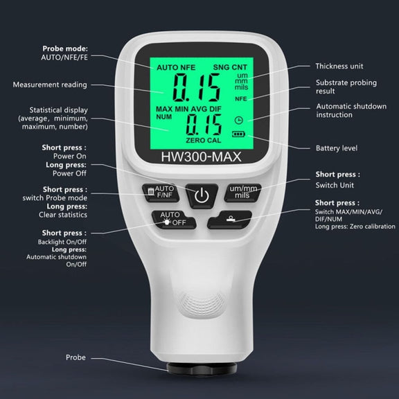 HW300-MAX Coating Thickness Gauge Anti-skid Paint Film Tester(Black)