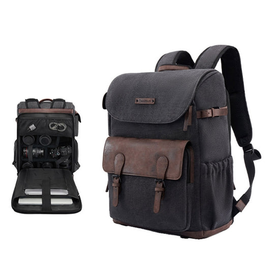 Cwatcun D128 Vintage Shoulder Backpack Split Compartment Large Capacity Splashproof Photography Bag, Color: Medium Black - free shipping - PMC Jewellery - Order now!