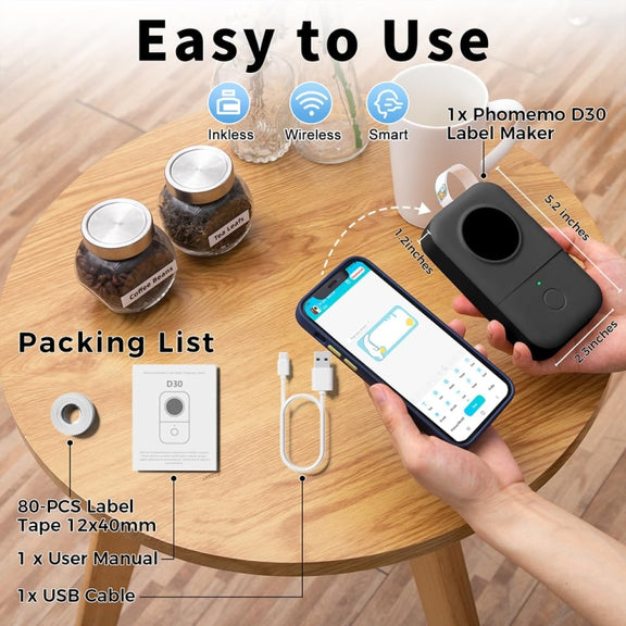 Phomemo D30 Thermal Label Printer Portable Bluetooth Mini Label Maker Machine With 5 Rolls Paper Green