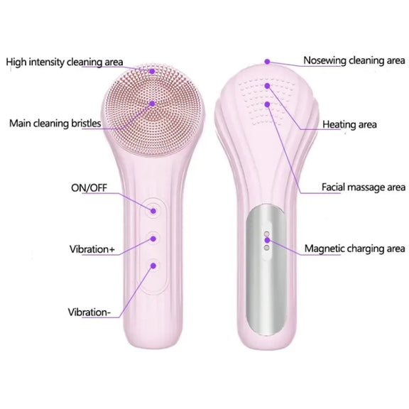 Sonic Water-resistant Facial Cleansing Brush Rechargeable Hot Compress Face Scrubber Cleanser(Pink)