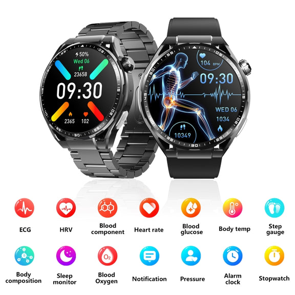 F200 Smart Health Watch ECG Electrocardiogram Blood Sugar Monitoring 1.55 Inch Round Screen, Color: Black Bamboo