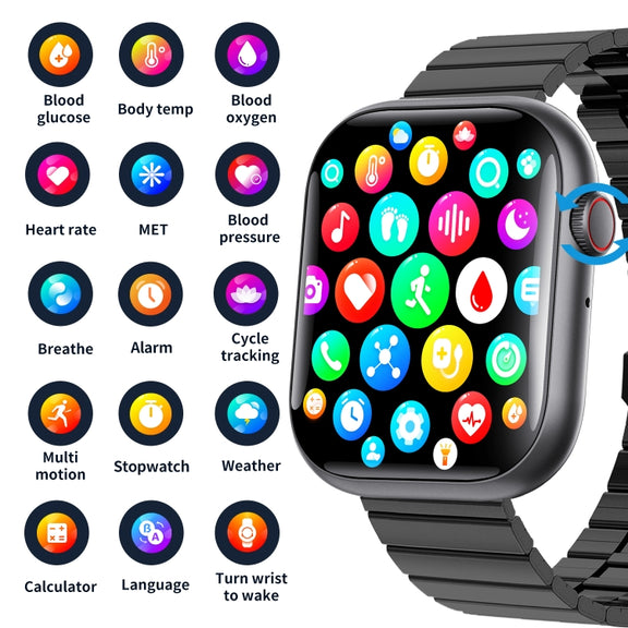 F70  2.1 Inch Screen Smart Watch With Blood Sugar/Blood Oxygen Monitoring /SOS Alarm/100+ Sports Modes, Color: Black Silicone