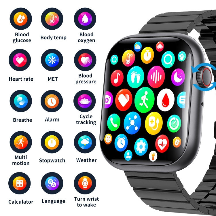 F70  2.1 Inch Screen Smart Watch With Blood Sugar/Blood Oxygen Monitoring /SOS Alarm/100+ Sports Modes, Color: Black Silicone