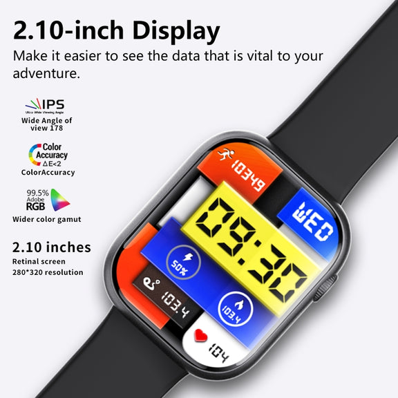 F70  2.1 Inch Screen Smart Watch With Blood Sugar/Blood Oxygen Monitoring /SOS Alarm/100+ Sports Modes, Color: Black Silicone