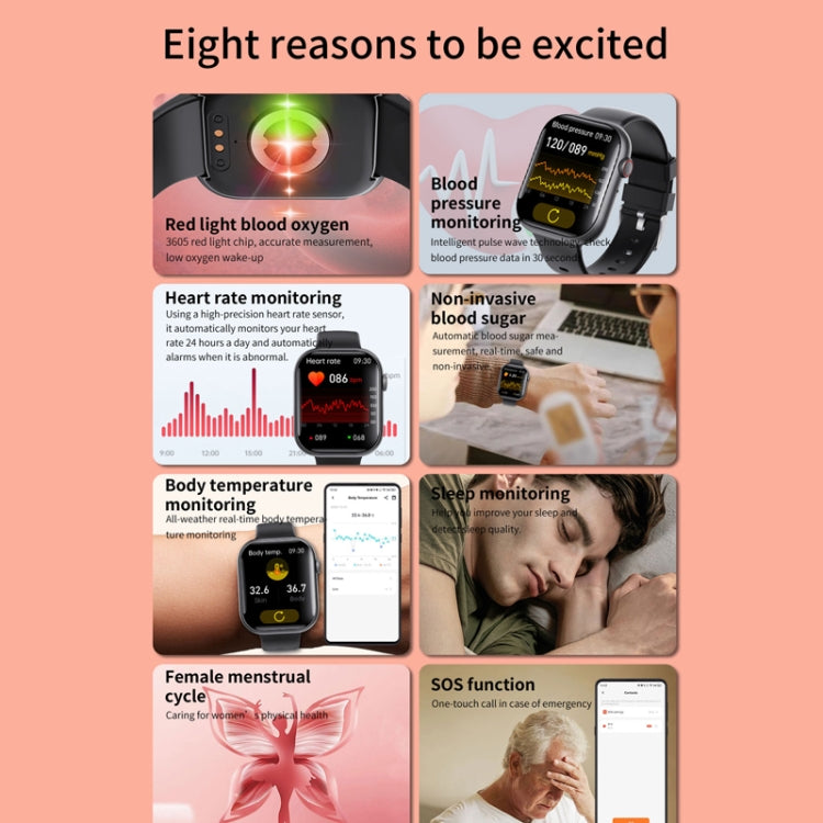 F70  2.1 Inch Screen Smart Watch With Blood Sugar/Blood Oxygen Monitoring /SOS Alarm/100+ Sports Modes, Color: Black Silicone