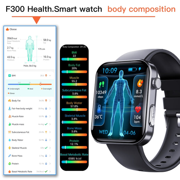 F300  2.1-Inch Screen Smart Watch Supports Bluetooth Calls/ECG/Blood Composition Analysis/50+ Sports Modes, Color: Black Milan