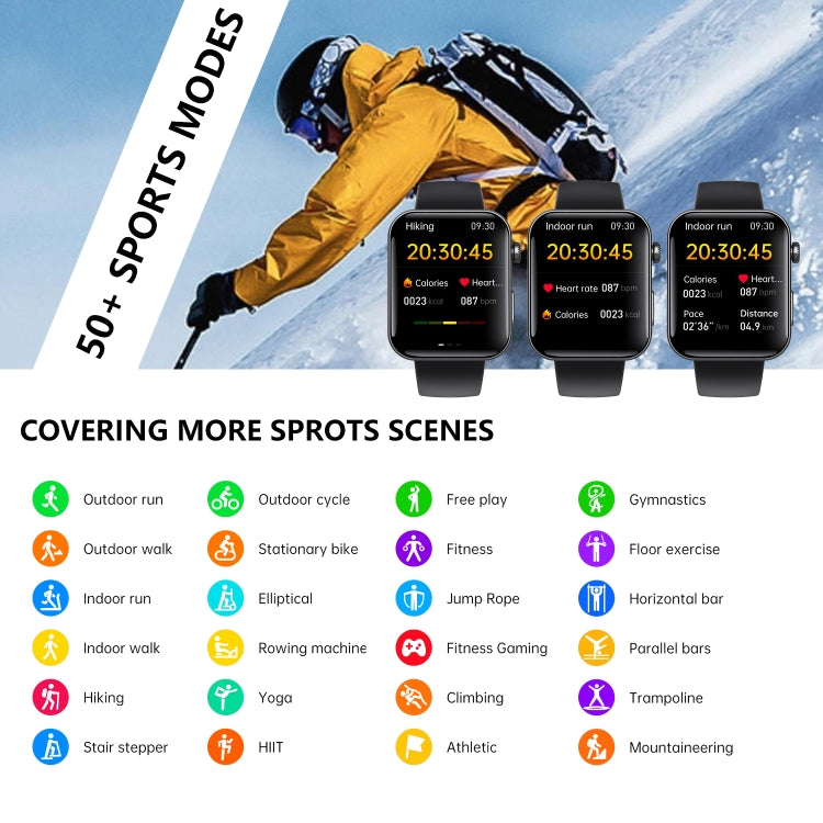 F300  2.1-Inch Screen Smart Watch Supports Bluetooth Calls/ECG/Blood Composition Analysis/50+ Sports Modes, Color: Black Silicone