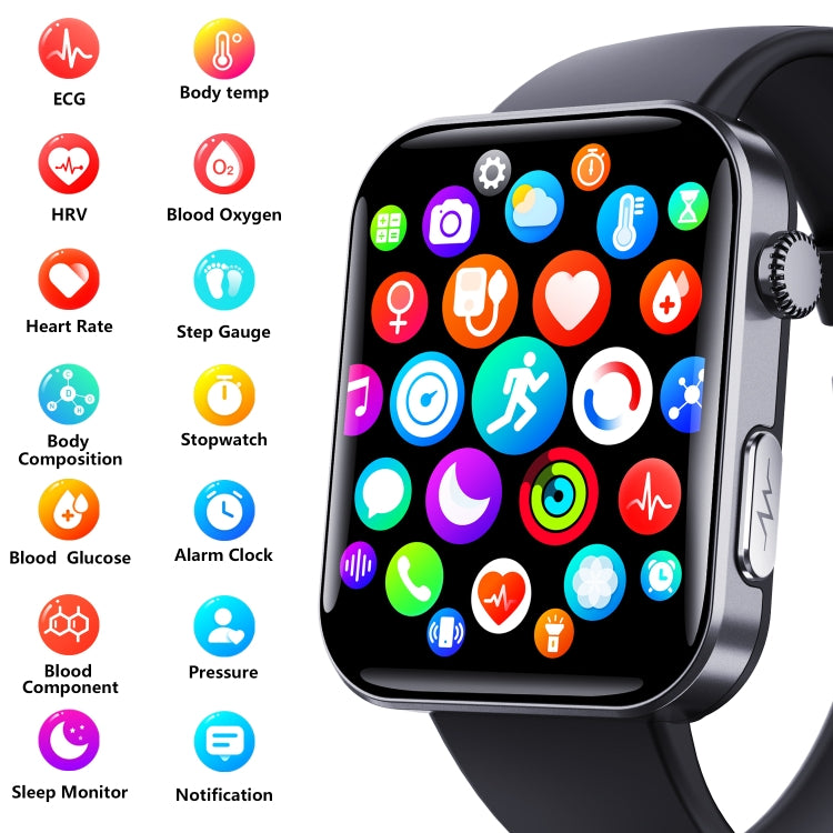 F300  2.1-Inch Screen Smart Watch Supports Bluetooth Calls/ECG/Blood Composition Analysis/50+ Sports Modes, Color: Black Silicone
