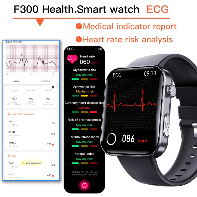 F300  2.1-Inch Screen Smart Watch Supports Bluetooth Calls/ECG/Blood Composition Analysis/50+ Sports Modes, Color: Black Silicone