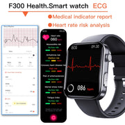 F300  2.1-Inch Screen Smart Watch Supports Bluetooth Calls/ECG/Blood Composition Analysis/50+ Sports Modes, Color: Black Leather