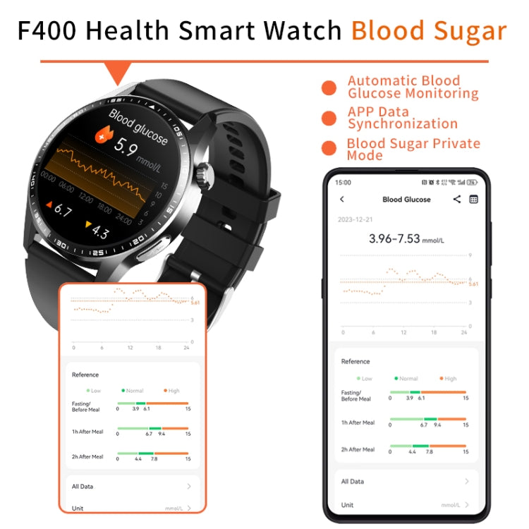 F400  1.55 Inch Screen Smart Watch Support ECG/ Blood Oxygen / Blood Sugar / 150+ Sports Mode, Color: Black Silicone