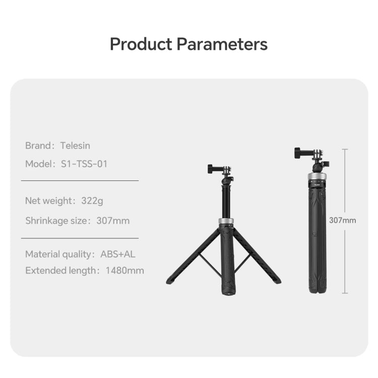 TELESIN 360 Degree Rotation 1.5m Selfie Stick Foldable Tripod For GoPro Hero / Insta360 /  DJI Osmo Action(Black)