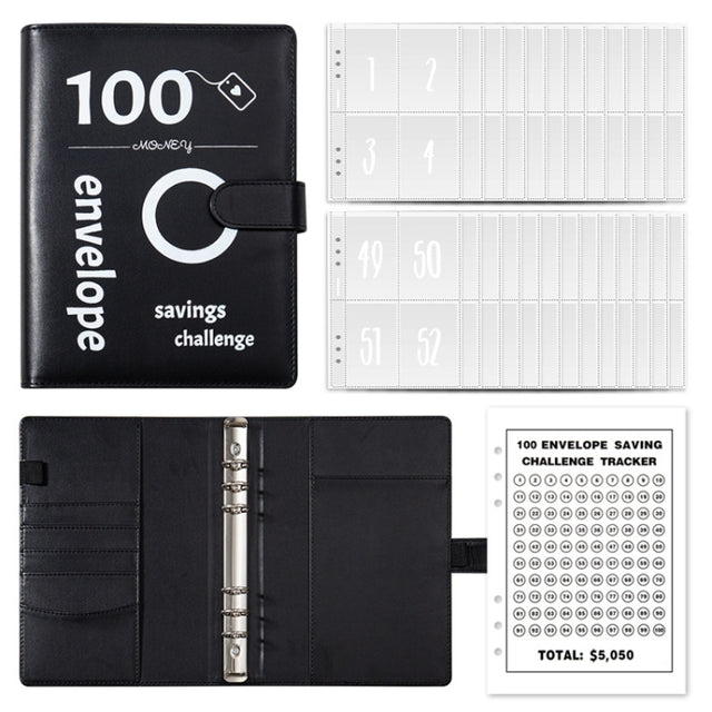 A5 100 Day Savings Challenge Envelope Budget Planner Binder Notebook Handbook, Color: Pattern Black