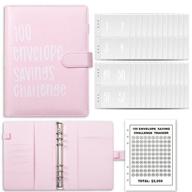 A5 100 Day Savings Challenge Envelope Budget Planner Binder Notebook Handbook, Color: Words Pink
