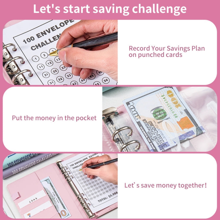 A5 100 Day Savings Challenge Envelope Budget Planner Binder Notebook Handbook, Color: Pattern Pink
