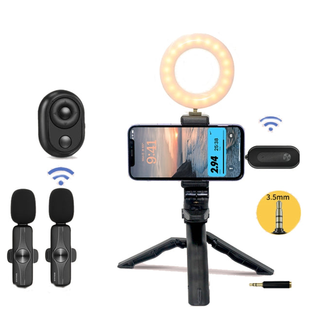 3.5mm Receiver Wireless Lavalier Microphone 9-inch Fill Light Tripod Set for Live Photography, Spec: Double Mic