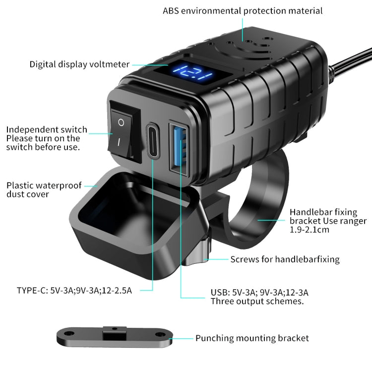 PD3.0 Motorcycle USB Mobile Phone Charger Digital Voltage Meter with Switch(Red Screen)