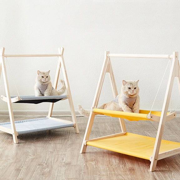 Solid Wood Cat Double-Layer Hammock Universal Cat Bed Washable Kitten Swing, Spec: Straw Mat