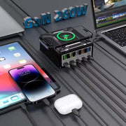 868D 6-In-1 260W High-Power Type-C+USB Multi Ports Charger Supports QI Wireless Charging(AU Plug)