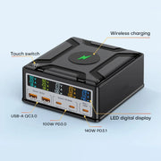 868D 6-In-1 260W High-Power Type-C+USB Multi Ports Charger Supports QI Wireless Charging(EU Plug)