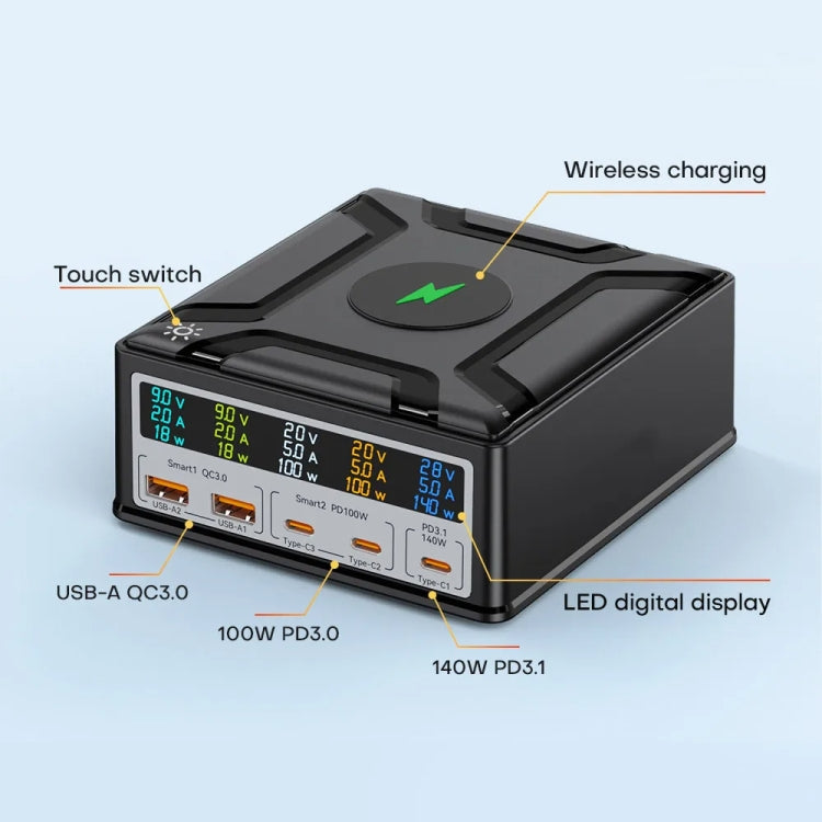 868D 6-In-1 260W High-Power Type-C+USB Multi Ports Charger Supports QI Wireless Charging(UK Plug)