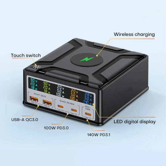 868D 6-In-1 260W High-Power Type-C+USB Multi Ports Charger Supports QI Wireless Charging(AU Plug)