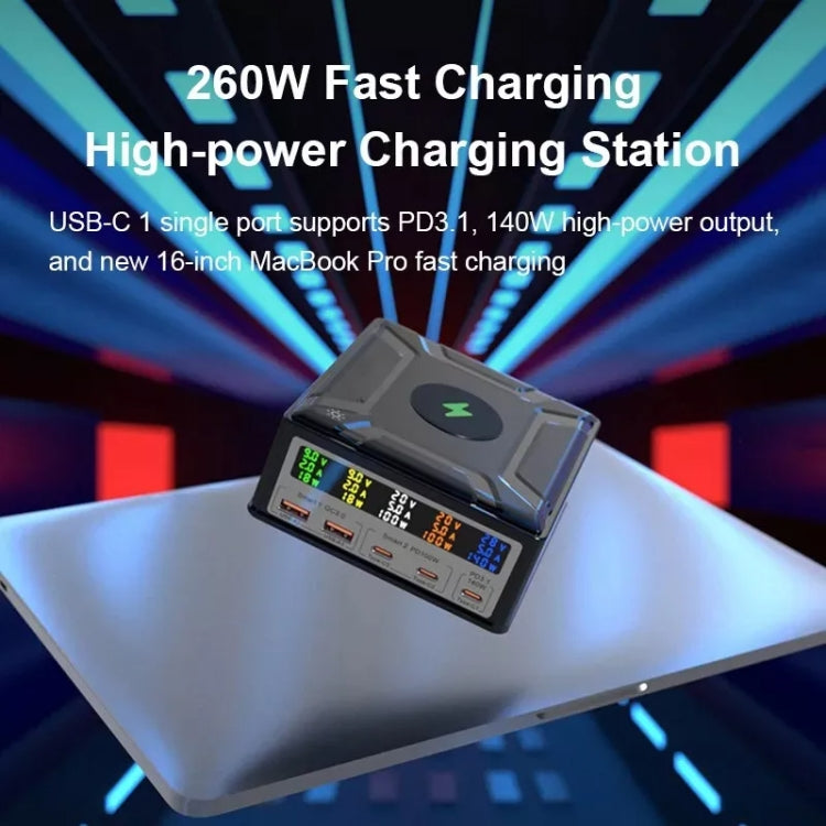 868D 6-In-1 260W High-Power Type-C+USB Multi Ports Charger Supports QI Wireless Charging(UK Plug)