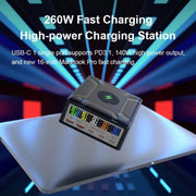 868D 6-In-1 260W High-Power Type-C+USB Multi Ports Charger Supports QI Wireless Charging(EU Plug)