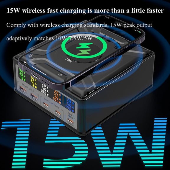 868D 6-In-1 260W High-Power Type-C+USB Multi Ports Charger Supports QI Wireless Charging(AU Plug)
