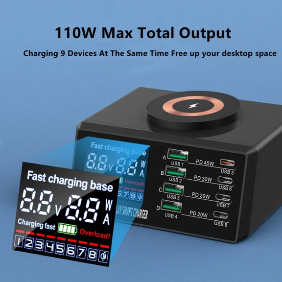 X9M 9-in-1 110W USB+PD Smart Multi-ports QI Magnetic Wireless Charger, Spec: White AU Plug
