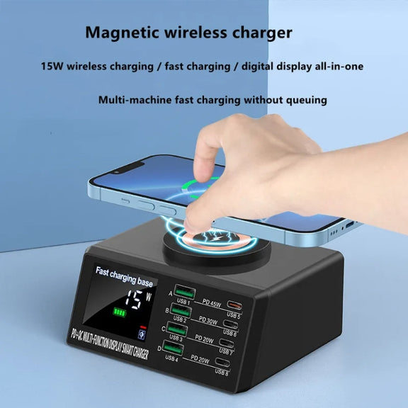 X9M 9-in-1 110W USB+PD Smart Multi-ports QI Magnetic Wireless Charger, Spec: Black EU Plug