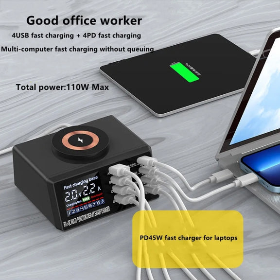 X9M 9-in-1 110W USB+PD Smart Multi-ports QI Magnetic Wireless Charger, Spec: Black EU Plug