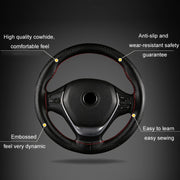 38cm Four-Season Embossed Hand-Sewn Cowhide Steering Wheel Cover(Black+Red Line)