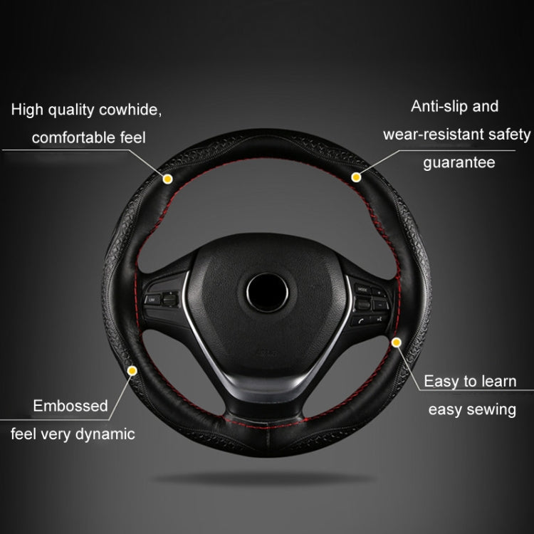 38cm Four-Season Embossed Hand-Sewn Cowhide Steering Wheel Cover(Black+Red Line)