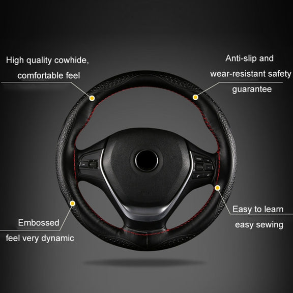 38cm Four-Season Embossed Hand-Sewn Cowhide Steering Wheel Cover(Brown)