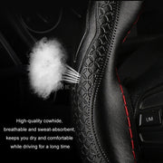 38cm Four-Season Embossed Hand-Sewn Cowhide Steering Wheel Cover(Black+Black Line)