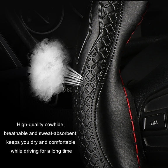 38cm Four-Season Embossed Hand-Sewn Cowhide Steering Wheel Cover(Black+Black Line)
