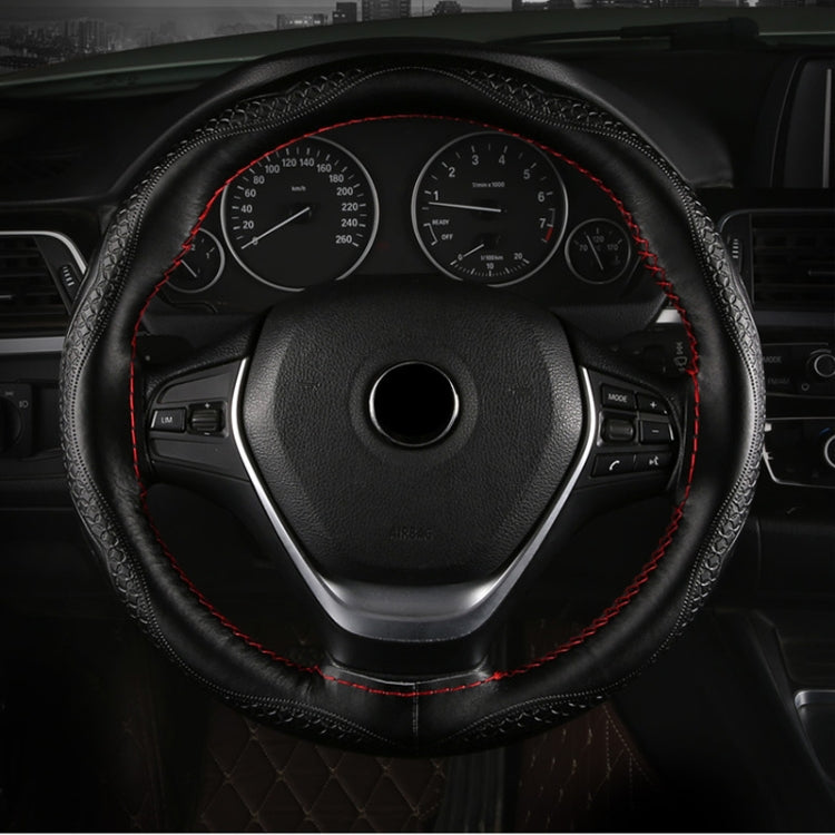 38cm Four-Season Embossed Hand-Sewn Cowhide Steering Wheel Cover(Black+Black Line)