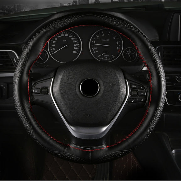 38cm Four-Season Embossed Hand-Sewn Cowhide Steering Wheel Cover(Brown)