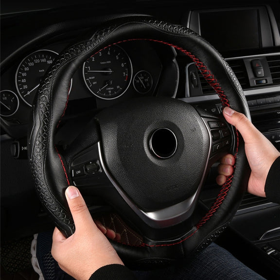 38cm Four-Season Embossed Hand-Sewn Cowhide Steering Wheel Cover(Black+Black Line)
