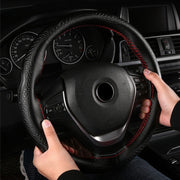38cm Four-Season Embossed Hand-Sewn Cowhide Steering Wheel Cover(Brown)