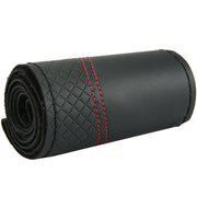 38cm Cowhide Embossed Hand-Stitched Double-Line Steering Wheel Cover(Black Red Line)