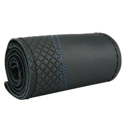 38cm Cowhide Embossed Hand-Stitched Double-Line Steering Wheel Cover(Black Blue Line)
