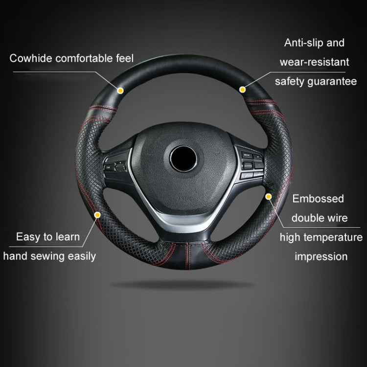 38cm Cowhide Embossed Hand-Stitched Double-Line Steering Wheel Cover(Black Black Line)