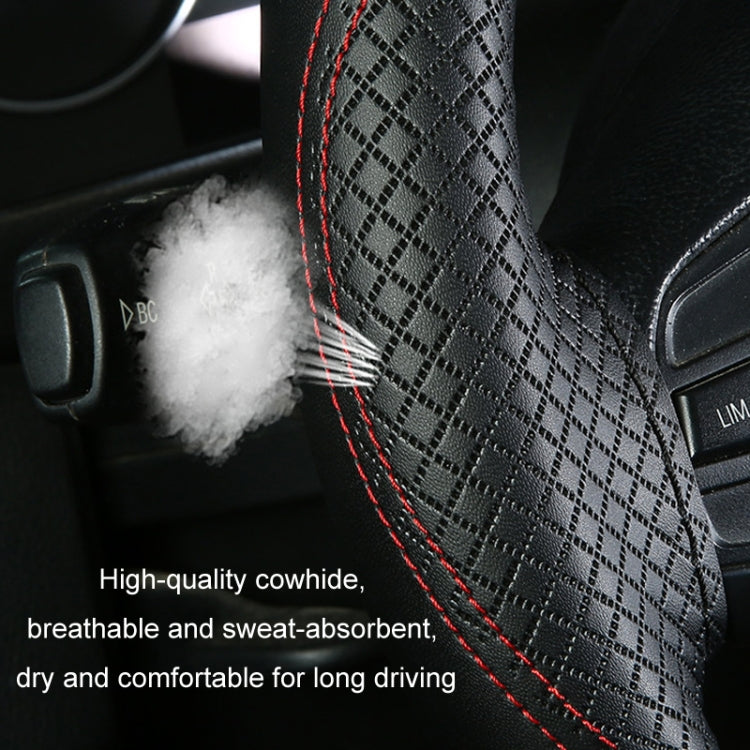 38cm Cowhide Embossed Hand-Stitched Double-Line Steering Wheel Cover(Black Red Line)