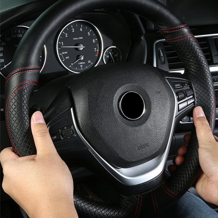 38cm Cowhide Embossed Hand-Stitched Double-Line Steering Wheel Cover(Black Black Line) - Steering Wheel Accessories by PMC TechLife | Online Shopping South Africa | PMC TechLife | Buy Now Pay Later Mobicred