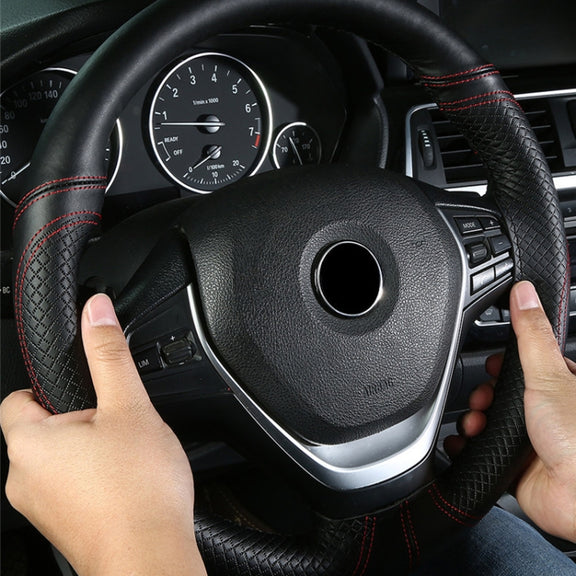 38cm Cowhide Embossed Hand-Stitched Double-Line Steering Wheel Cover(Black Orange Line)
