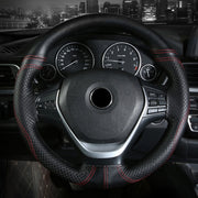 38cm Cowhide Embossed Hand-Stitched Double-Line Steering Wheel Cover(Black Red Line)