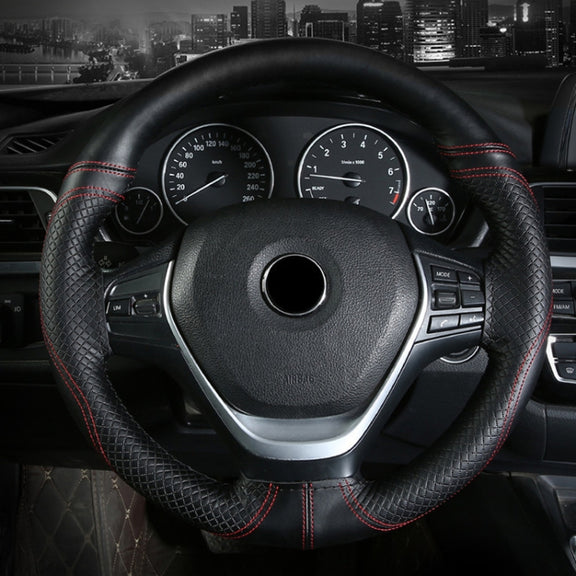 38cm Cowhide Embossed Hand-Stitched Double-Line Steering Wheel Cover(Black Red Line)